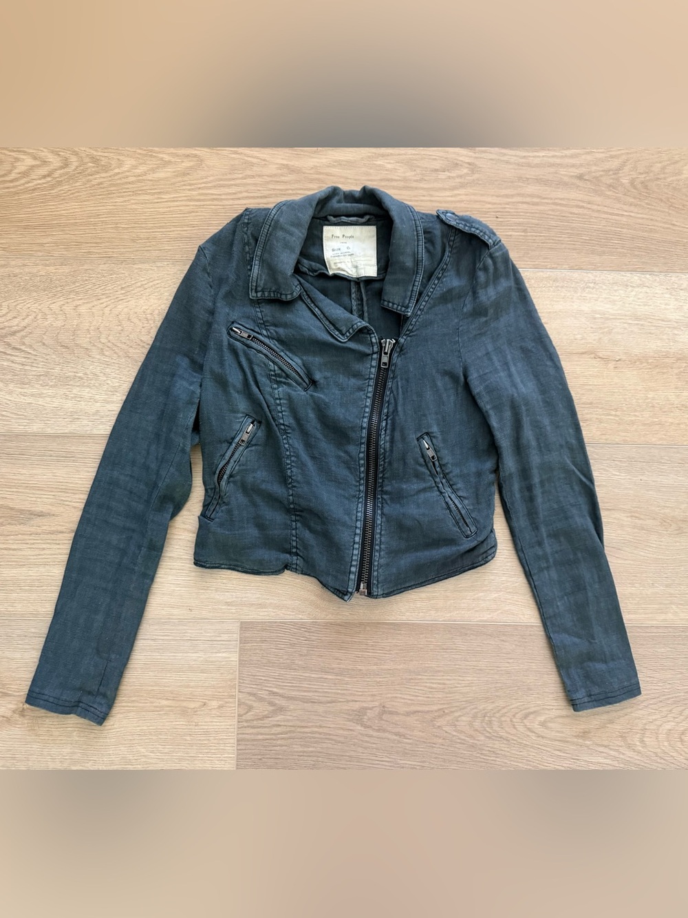Free People Linen Blend Moto Jacket Size 6 Charcoal Cropped